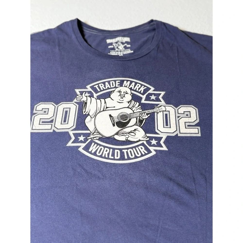 True Religion Blue Graphic T-Shirt‎ Size Large Buddha Guitar Tee